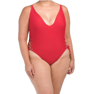 City Chic New‎ Size 16 Lace Up Criss Cross Back One Piece Swimsuit Red Cherry